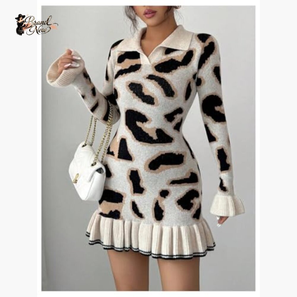 Long Sleeve Ruffle Bodycon Mini Sweater Dress Animal Print - Picture 2 of 5